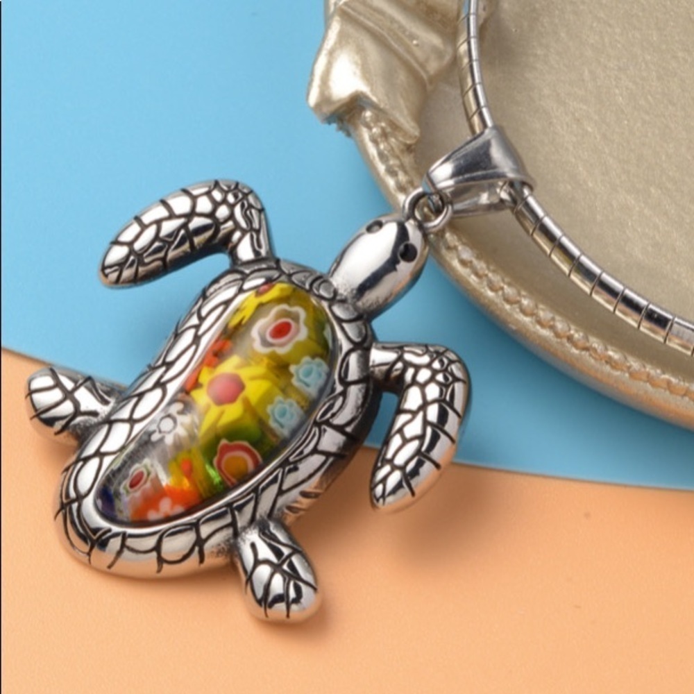Multi Color Murano Style Pendant 16 inch-Black Oxidized Stainless Steel Necklace